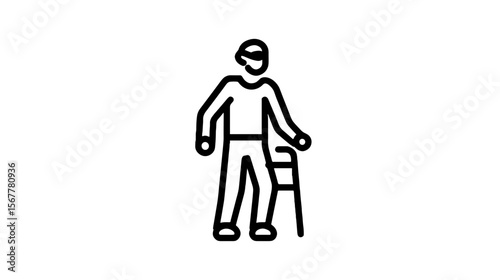 Line art illustration of a man using a cane for support  