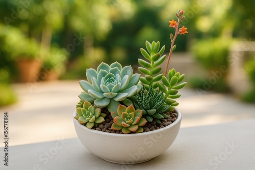 Peaceful patio featuring a white ceramic bowl with a lush succulent arrangement