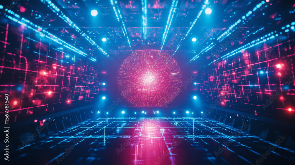 Obraz premium An abstract concert-themed background featuring a panel filled with LED bulbs. Includes animated zooming circles on the LED screen, creating a dynamic, colorful dance floor effect with shining spots 