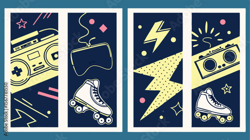 Retro style roller skate graphic design with boombox and lightning bolts