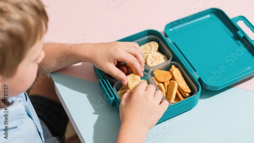 Young boy selecting a cracker from his teal lunchbox filled with healthy snacks including crackers and mini sausages on a dual-toned pink and blue table, focusing on childhood nutrition .