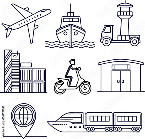 Streamlined transportation options showcased with airplane, ship, train and scooter