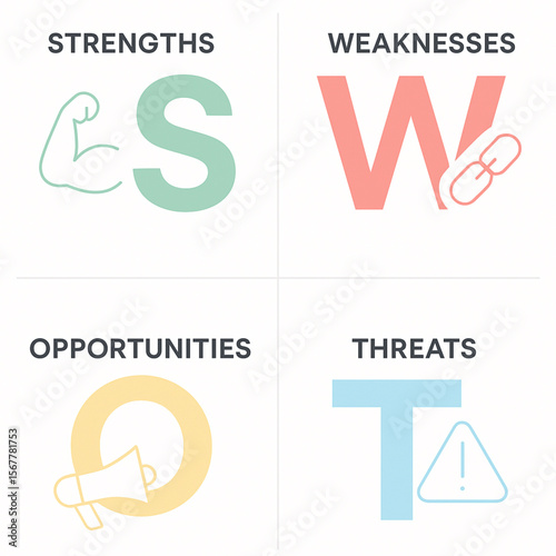 Flat Vector Infographic of SWOT Analysis with Modern Icons and Pastel Quadrants for Strengths, Weaknesses, Opportunities, and Threats on a Clean White Background