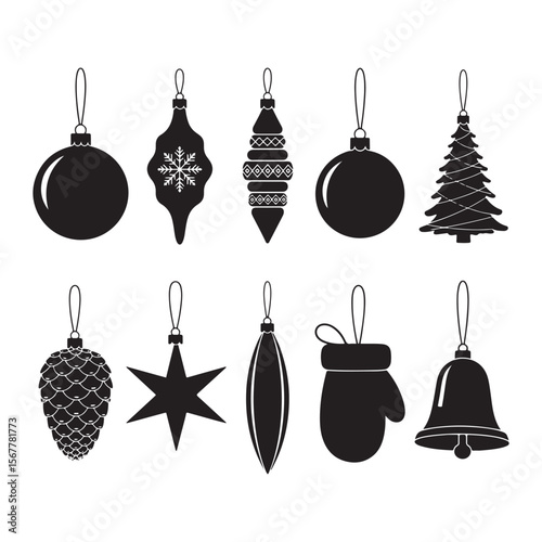 Black Christmas ornaments including baubles pinecone star bell mitten tree and icicle shapes vector