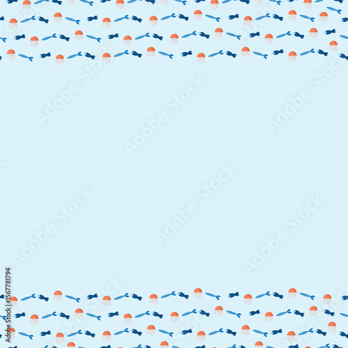 Flat marine illustration with jellyfish, fish, and shrimp in blue and orange tones. Decorative borders on top and bottom, empty center for text. Perfect for invitations and social media