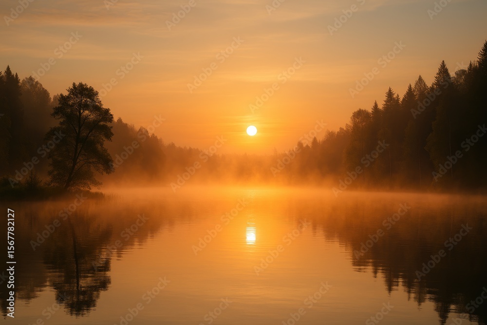 Obraz premium Morning dawn over misty waters
