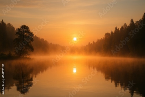 Morning dawn over misty waters