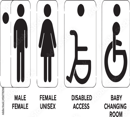 A set of four restroom signs showing male, female, unisex, disabled access, baby changing room symbols