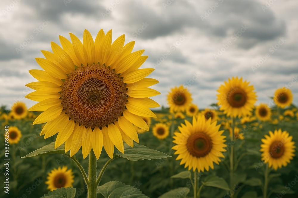 Obraz premium Cloudy sky with blooming sunflowers