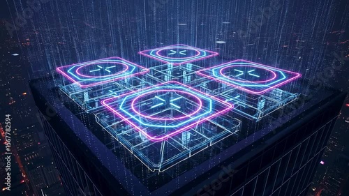 Futuristic city skyline with glowing neon holograms on a rooftop, showcasing advanced technology