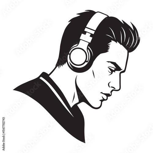 Stylish young man wearing headphones listening to music in a modern black and white vector illustration
