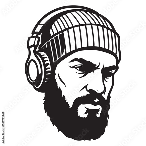 Vector illustration of a bearded man wearing headphones and a beanie in black and white