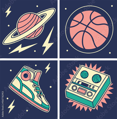 Cool retro graphic featuring a planet, ball, sneaker, and cassette player