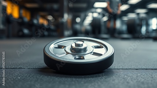 A solitary weight plate on rubber flooring with metallic reflections in soft gym lighting.