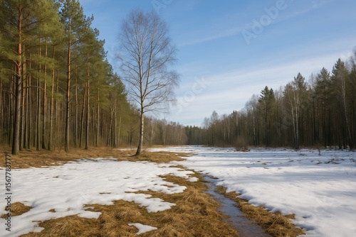 The winter season comes to an end as February arrives, and snow begins to thaw amidst forest scenery near Pruzhany in Belarus.