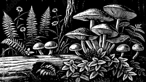 A cluster of wild mushrooms and forest plants, suitable for botanical prints, fairy-tale themes, or nature studies vector a black and white line art illustration