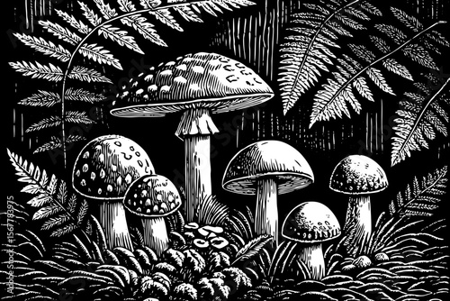 A cluster of wild mushrooms and forest plants, suitable for botanical prints, fairy-tale themes, or nature studies vector a black and white line art illustration