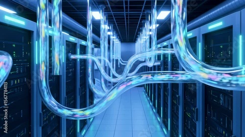 Futuristic data center with illuminated cables connecting servers, showcasing advanced technology and efficiency