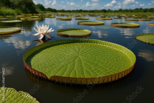 The magnificent giant water lily with stunning leaves floating on a pond