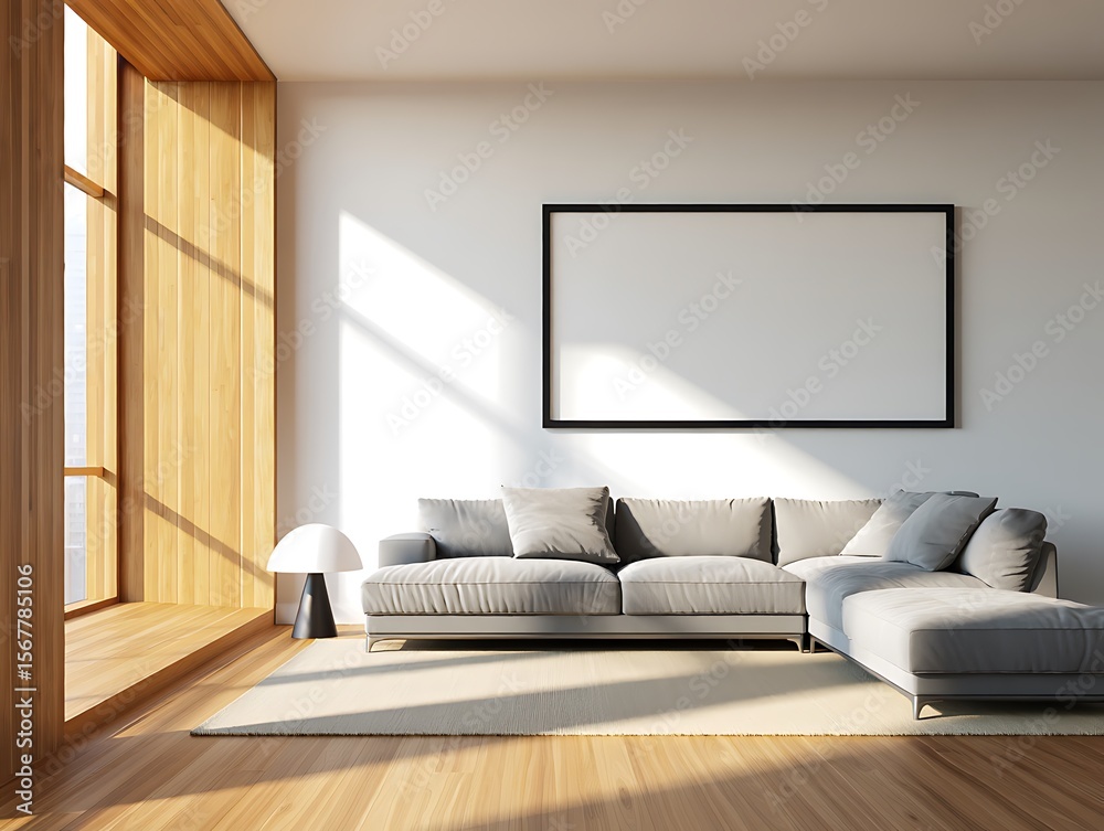 Fototapeta premium Modern Minimalist Living Room Design Sunlight Streaming Through Large Window