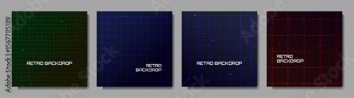 Vector illustration. Retro futuristic grid pattern with scratched texture background. Set of y2k style backdrops. Design elements for social media template, web banner, blog post, square wallpaper