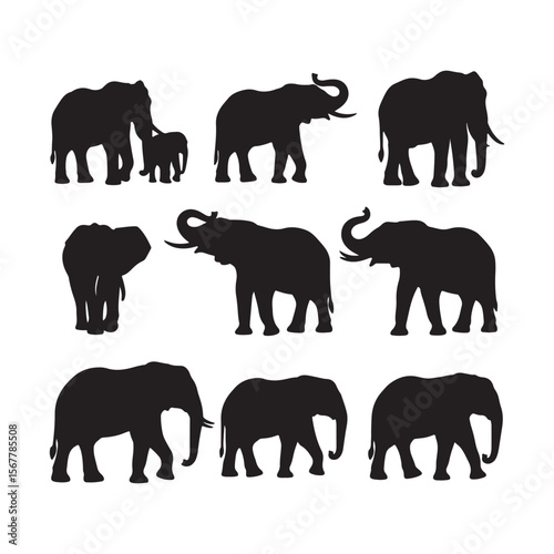 Black elephant silhouettes walking and standing elephants animal