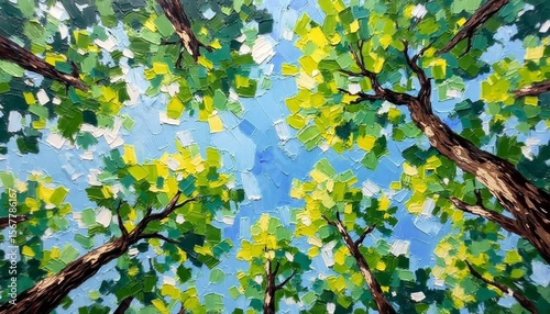 Vibrant Canopy of Trees Under Bright Blue Sky