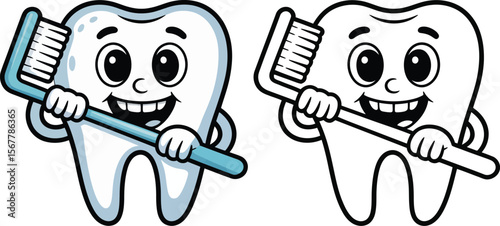 Cartoon tooth character brushing teeth with toothbrush dental care and oral hygiene concept