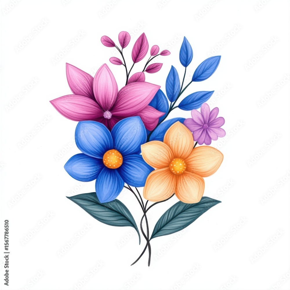 Obraz premium Colorful Floral Arrangement with Vibrant Flowers and Green Leaves Design