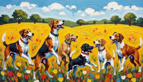 Playful Dogs in Bright Colorful Meadow Landscape