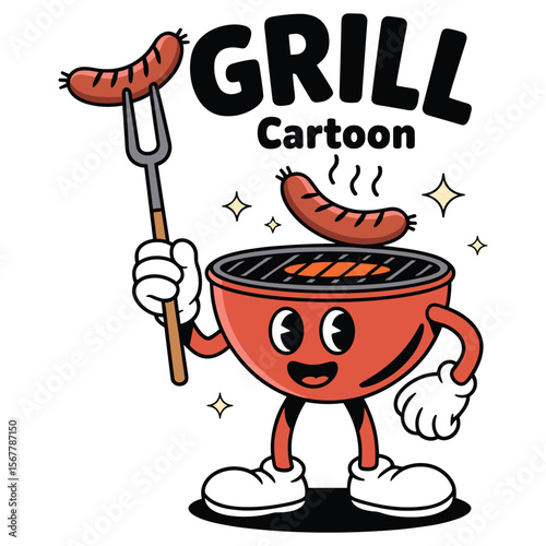 Happy cartoon grill character holding sausage on fork with grill and stars