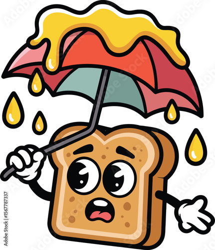 Cartoon toast character with umbrella under honey rain cute breakfast food illustration art
