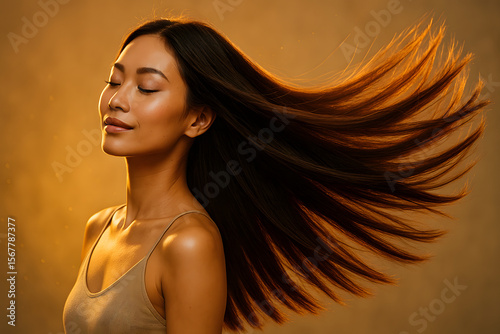 Golden Hour Hair Flip – Confident Asian Woman with Silky Straight Hair