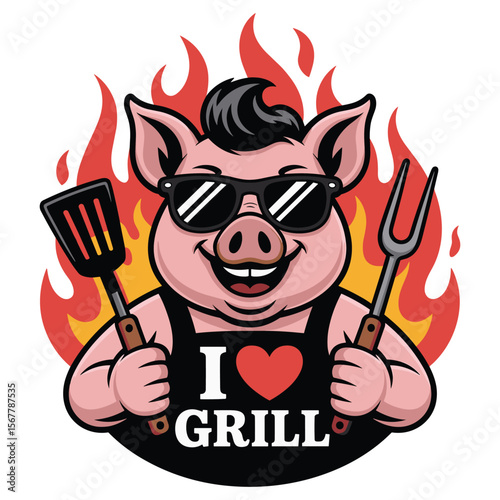 Cool pig character with sunglasses holding grill utensils amidst flames