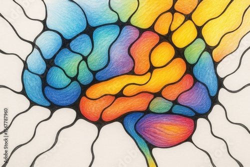 Creative hand-drawn neurographic art showcasing subconscious transformation with vibrant colors and bold lines. Neuro-inspired abstract brain illustration.