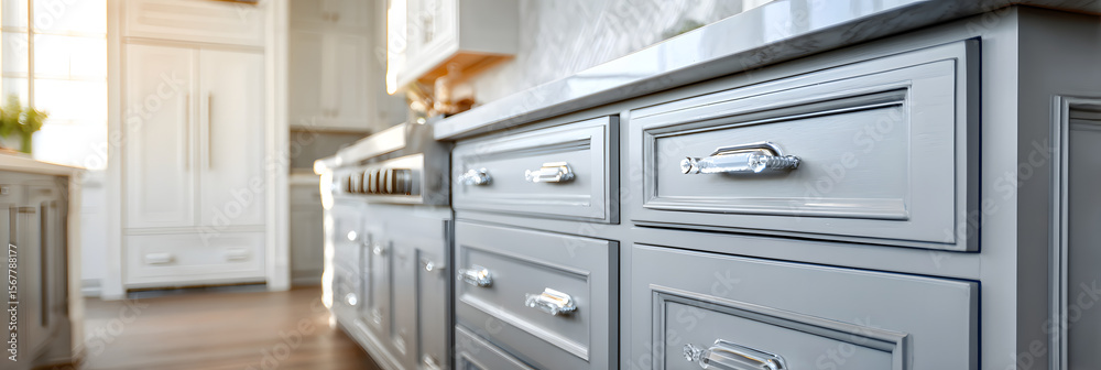 Fototapeta premium Modern kitchen cabinetry showcases soft grey paint with crisp white accents, complemented by elegant hardware that adds