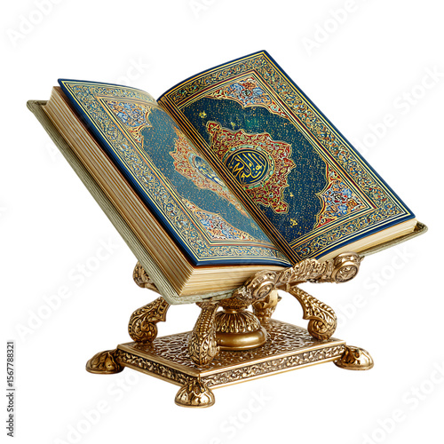 Ornate Quran on a stand, Islamic holy book.