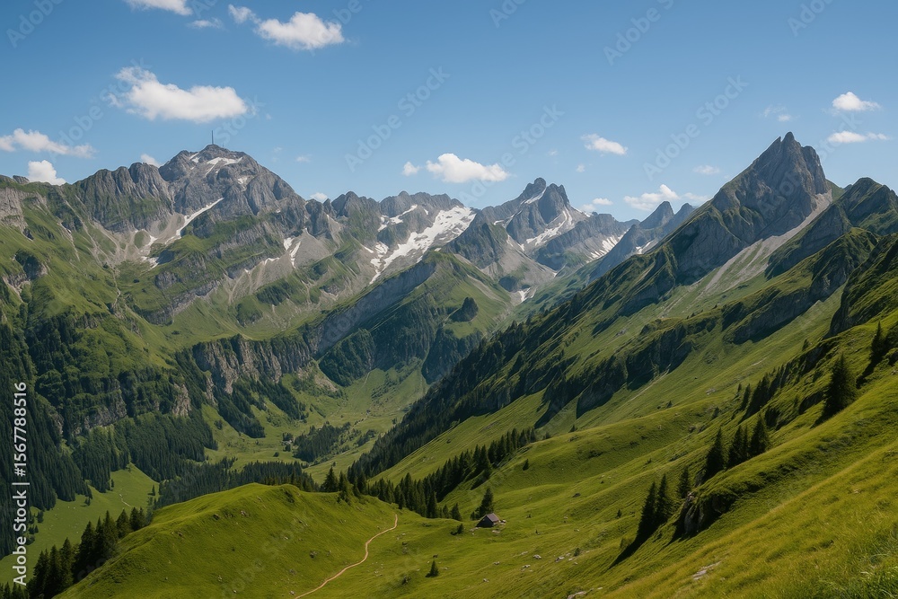 Fototapeta premium Scenic panorama showcasing mountain ranges from Ebenalp to Santis and Altman peaks