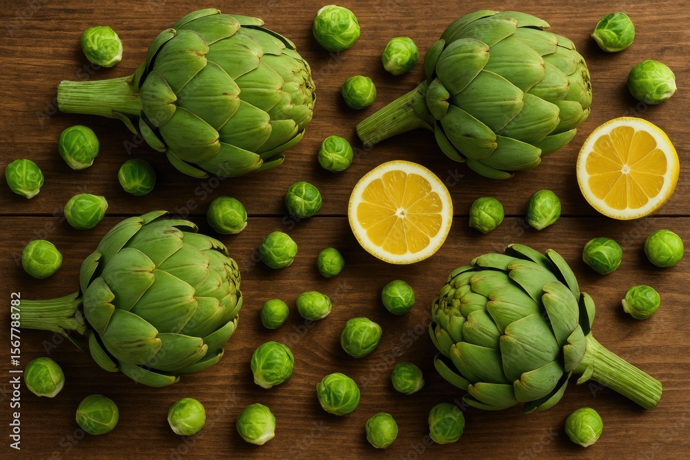 Fototapeta premium Delicious fresh artichokes paired with lemon and Brussels sprouts on a rustic wooden surface