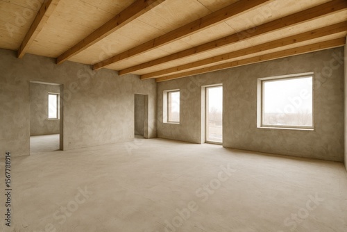 Large unfinished loft space during renovation with plywood ceiling and plastered walls