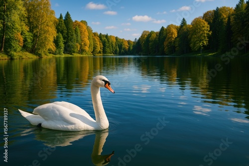 A graceful bird gliding across a serene freshwater body within a protected natural area photo