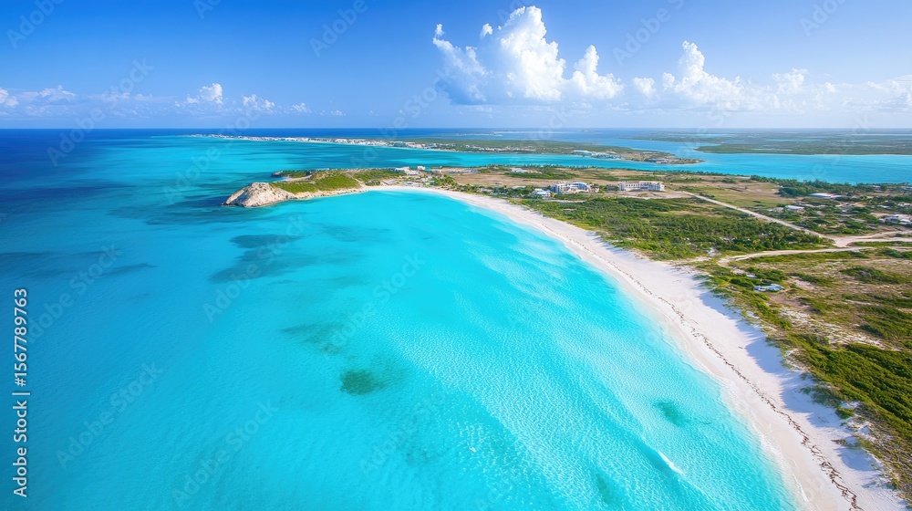 Obraz premium Panoramic view of a tropical beach and turquoise waters.