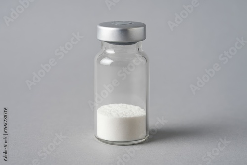 Close-up of a medical vial containing injectable medication, either dry powder or liquid form, sealed with an aluminum cap against a gray background.