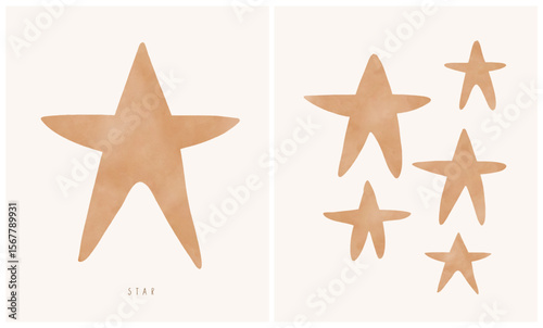Simple Scandinavian Style Vector Illustration Of Stars. Lovely Nursery Art with Gender Neutral Color Stars on a Beige Background. Childish Drawing-like Print Ideal For Kids' Room Decoration. 