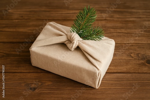 Sustainable gift wrapping with eco-friendly materials, festive box wrapped in natural fabric with pine branch on wooden surface, traditional Furoshiki style
