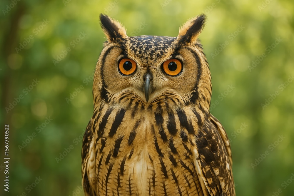 Fototapeta premium The large horned owl species inhabiting rugged forest regions in South Asia, also called the rock eagle-owl or Indian eagle-owl, is known for its distinctive markings.