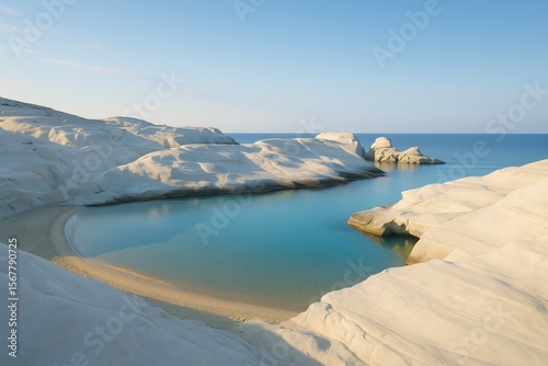 Dawn at the stunning lunar-white chalk bay and beach with solitude prevailing
