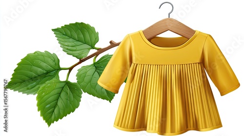 Yellow pleated dress on hanger with green leaves