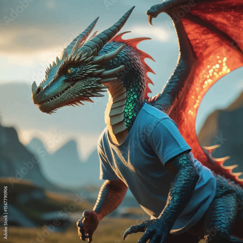 Colorful dragon wearing t-shirt
