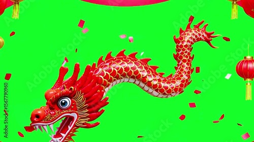 Vibrant Red Dragon Decoration Symbolizing Strength and Good Fortune Amidst Festive Celebrations, Showcasing Rich Chinese Culture with Intricate Scales and Expressive Eyes